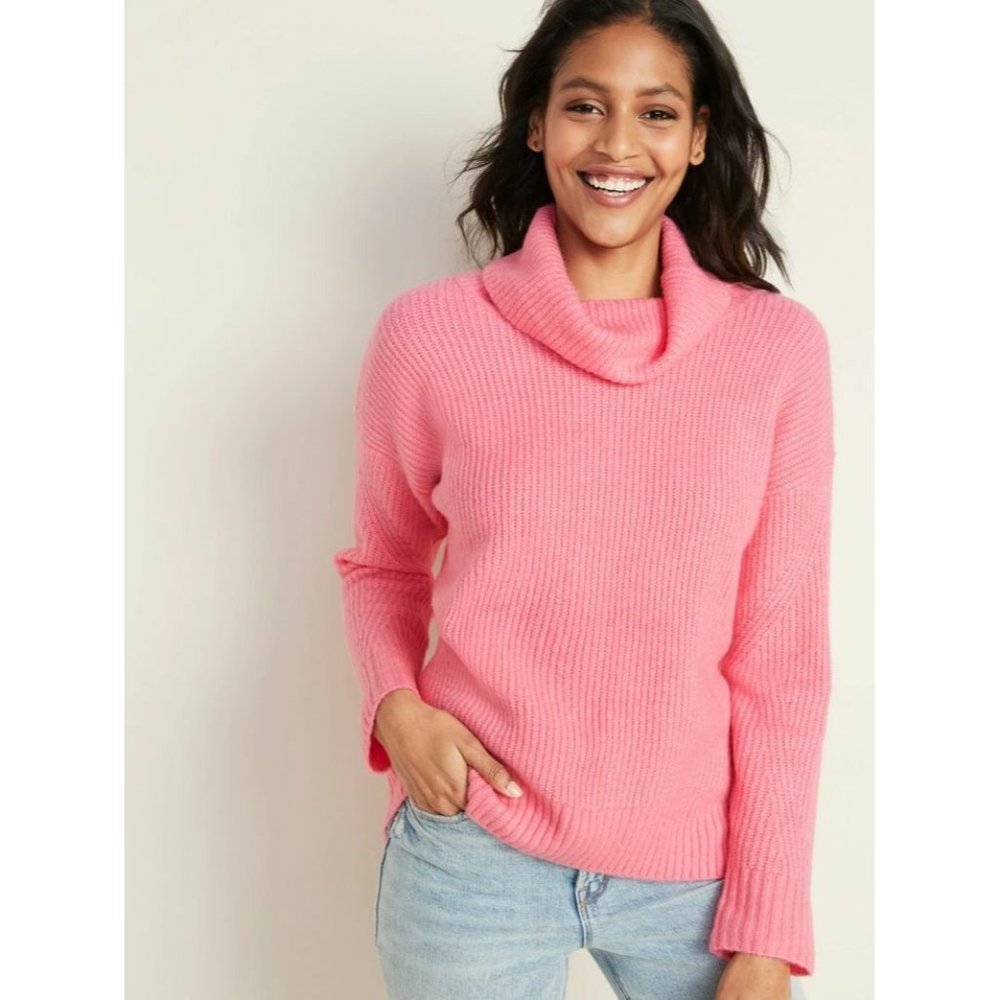 Old Navy Sweater Pink Tunic Slouchy Turtleneck Ribbed Pullover Knit - Picture 1 of 10